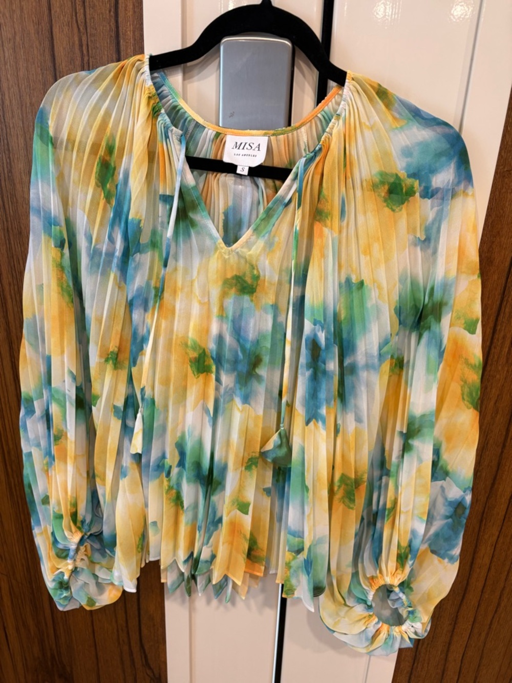 Misa Los Angeles Watercolor Pleated V-Neck Blouse in Yellow, Blue & Green